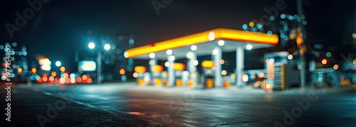 Blurry night view of a gas station with bright lights and wet street