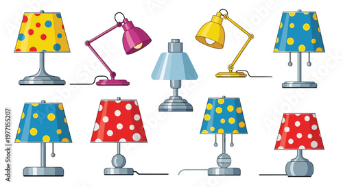 Array of diverse table and desk lamps in various shapes colors and patterns including polka dots and solid metallic finishes.