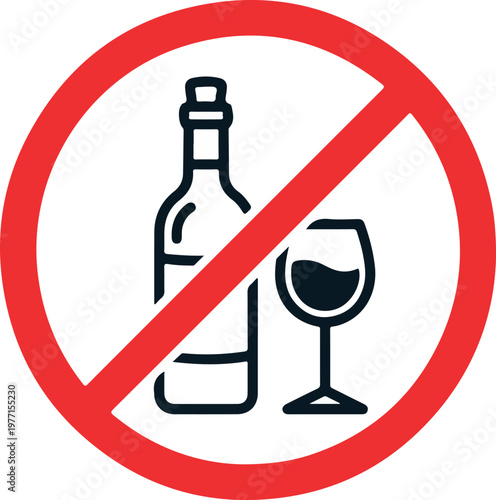 No Alcohol Prohibited Sign with Bottle and Glass Icon