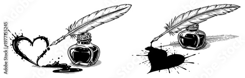 Foto Artistic sketch of a quill pen with an inkwell creating a heart shape out of ink