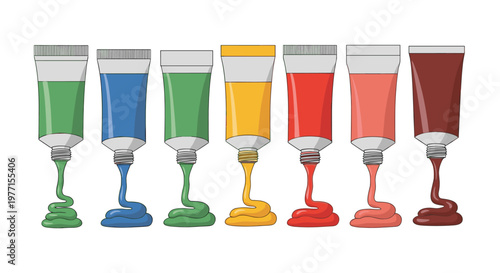 Row of seven metal paint tubes squeeze out vibrant colors of green blue yellow red orange and brown artist supplies.