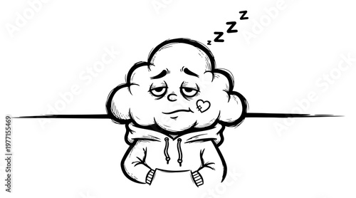 Canvas-taulu Tired cloud character wearing a hoodie looking exhausted in hand drawn sketch st