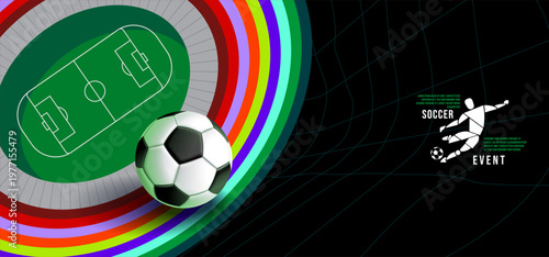 Soccer Banner Design with Dynamic Ball and Stadium Background