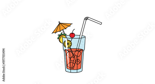 Colorful tropical cocktail with orange slice cherry umbrella straw and ice cubes served in tall glass against white.