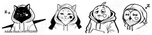 Photography Set of four tired characters including cats pumpkin and owl wearing hoodies in s