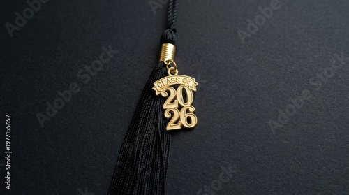 A graduation tassel hangs against a black background. The tassel displays the text 