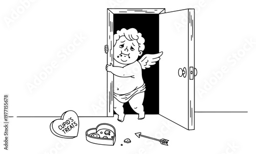 Funny cartoon cupid caught eating valentines day chocolates in a doorway