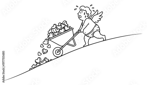 Tired cartoon cupid pushing a heavy wheelbarrow full of hearts up a steep hill