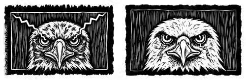 Set of intense eagle head illustrations with lightning cracks in woodcut style