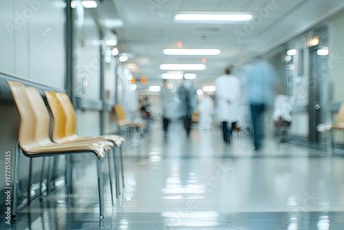 Blurred hospital hallway with medical staff walking, empty waiting chairs