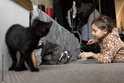 A girl lying on the floor plays with a grey kitten under a sofa while a black kitten watches in the foreground.