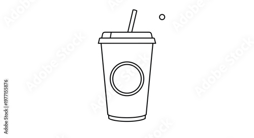 Minimalist outline illustration of a takeaway soda cup with a lid and a straw on a clean white background for coloring activities.