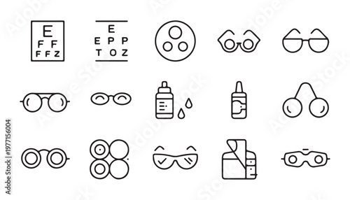 Optometry and ophthalmology medical equipment linear icons, eye test tools and vision care accessories.