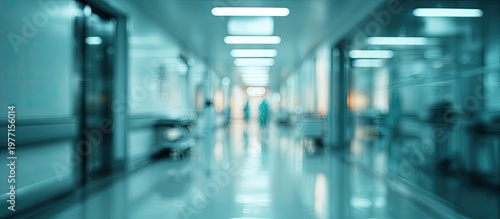 Blurred long hospital corridor with teal and blue lighting, distant figures