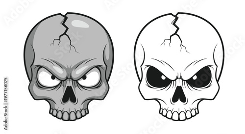 Two aggressive skull designs with cracked heads and angry expressions featuring both a shaded grey and a black outline version.