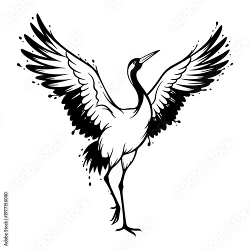 Elegant crane bird standing with spreading wings in a minimalist ink splatter style