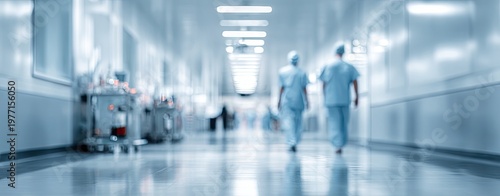 Blurred, blue-toned hospital hallway with two medical professionals walking away