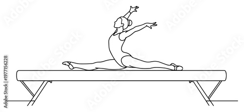 Female gymnast performing a perfect split on a balance beam in minimalist line art style