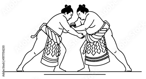 Two traditional Japanese sumo wrestlers competing in a match in minimalist line art style