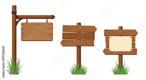 Set of three different wooden signposts with green grass at the base including hanging boards and notice boards for outdoors.