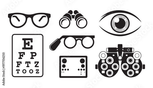 Eye care symbols collection with ophthalmology chart, glasses, binoculars and eye exam instruments.