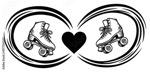 Vintage style illustration of roller skates inside an infinity swirl with a heart representing passion for skating