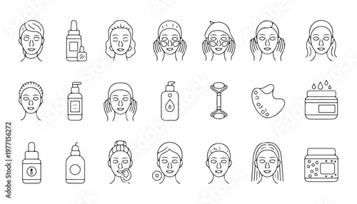 Beauty face skin care procedure cosmetic products line icons. skincare treatment beauty routine face mask.