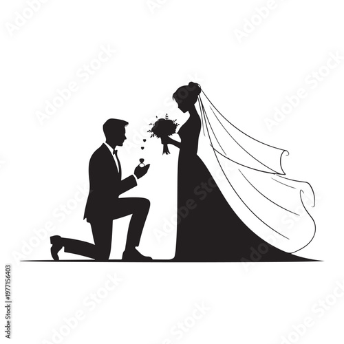 Black and white silhouette of couple on beach with ring