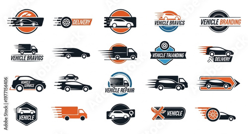 Collection of vehicle delivery and transport logos and icons.