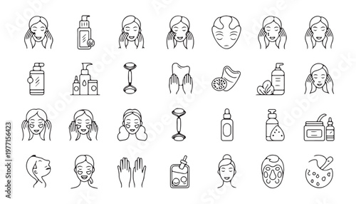 Beauty face skin care procedure cosmetic products line icons. skincare treatment beauty routine face mask.