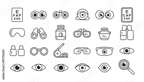 Optometry icons set featuring eye charts, binoculars, glasses and medical equipment for vision test.
