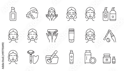 Beauty face skin care procedure cosmetic products line icons. skincare treatment beauty routine face mask.