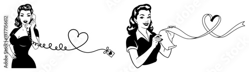 Beautiful retro women in pinup style with romantic heart telephone cord and ribbon
