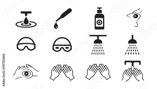 Emergency eyewash and safety shower symbols pack for laboratory and industrial workplace protection standards.