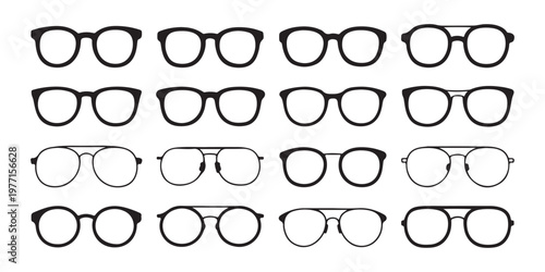 Various styles and types of eyeglasses and spectacles shown in a grid format for optical frame selection.