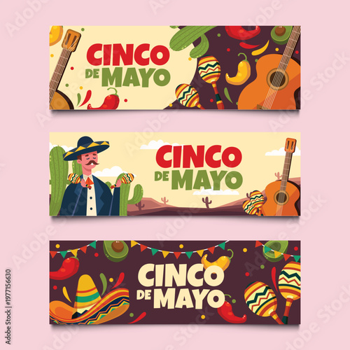 Cinco de mayo festive banners with traditional mexican elements and instruments
