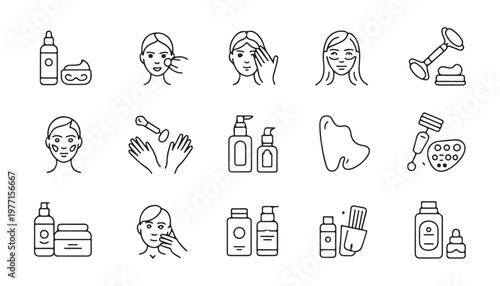 Beauty skin care icons set featuring facial massage tools cosmetic products and girl face routine line vector.