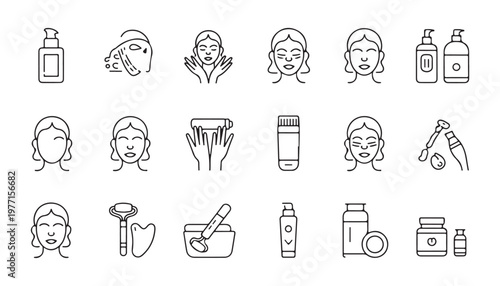 Beauty face skin care procedure cosmetic products line icons. skincare treatment beauty routine face mask.