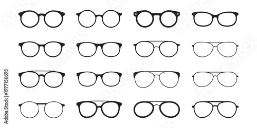 Array of eyeglasses frames in different designs and shapes for optical fashion and vision needs.