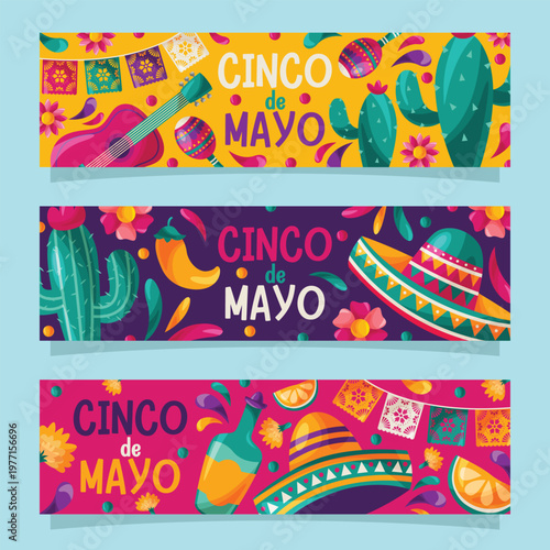 Colorful cinco de mayo banners with traditional mexican elements and decorations