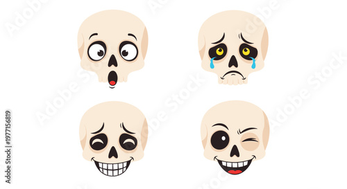 Set of four cartoon skull emojis with various facial expressions like laughing, crying, shocked, and winking for funny designs.
