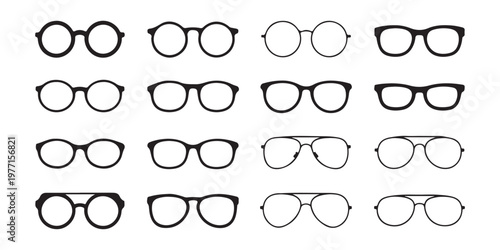 Selection of spectacle frames and eyeglasses in diverse styles and eye shapes for visual aid.