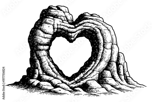 Detailed engraving of a natural desert rock formation shaped like a heart