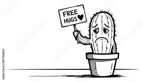 Sad cactus character holding a sign that says free hugs in a hand drawn doodle style