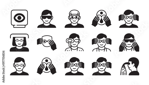 Workplace eye safety icons demonstrating proper use of goggles and emergency washing procedures for employees.