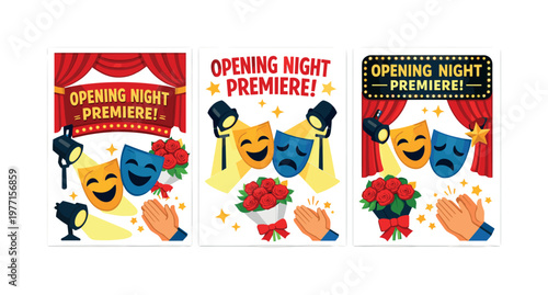 Opening night premiere celebration with theater masks, spotlight, roses, and applause