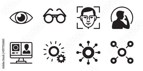 Biometric face recognition and eye scanning icons set including facial authentication and digital access symbols.