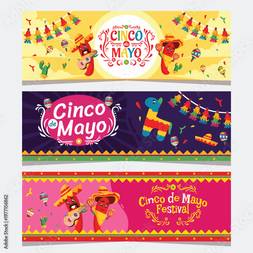 Colorful cinco de mayo banners with traditional mexican imagery and decorations
