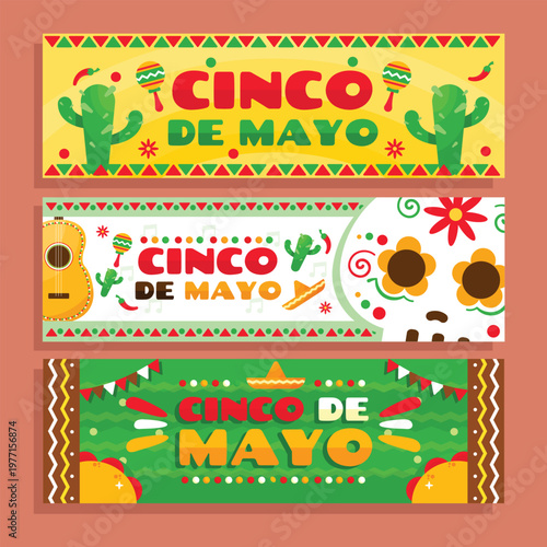 Colorful cinco de mayo banners with traditional mexican imagery and decorations