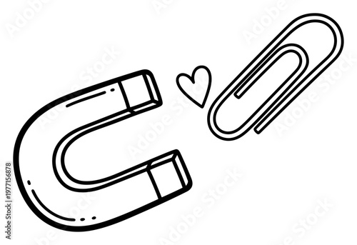 Bilde på lerret Horseshoe magnet attracting a metal paperclip with a heart symbol showing attrac